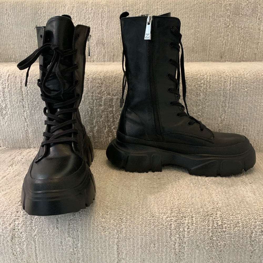 ZARA Size 38 Lace-Up Lug Sole Leather Combat Ankle Boots Zipper Platform.
